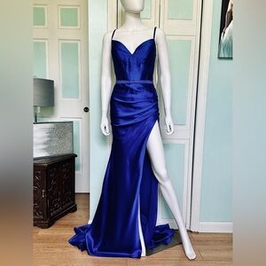 Size 8 Ellie Wilde EW122045 Royal Blue Satin High Slit Prom Gown Pageant Dress